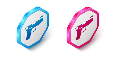 Isometric Pistol or gun icon isolated on white background. Police or military handgun. Small firearm. Hexagon button. Vector