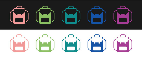 Set Hiking backpack icon isolated on black and white background. Camping and mountain exploring backpack. Vector