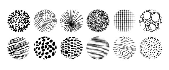 Set of round abstract black hand drawn doodle shapes. Spots, drops, curves, lines. Backgrounds in the form of a circle of spots, lines, splashes, stripes and dots.