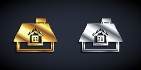 Gold and silver House icon isolated on black background. Home symbol. Long shadow style. Vector