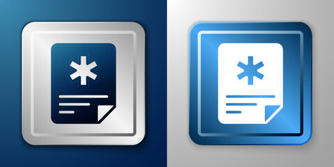 White Medical clipboard with clinical record icon isolated on blue and grey background. Prescription, medical check marks report. Silver and blue square button. Vector