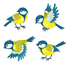 Obraz na płótnie Canvas Set of four funny colorful titmouse in different poses. They sit and fly. In cartoon style. Isolated on white background. Vector illustration.