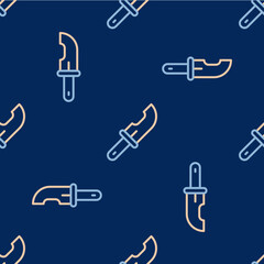 Line Hunter knife icon isolated seamless pattern on blue background. Army knife. Vector