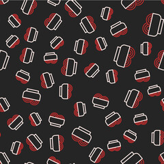 Line Asian noodles in bowl and chopsticks icon isolated seamless pattern on black background. Street fast food. Korean, Japanese, Chinese food. Vector
