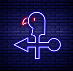 Glowing neon line Rooster weather vane icon isolated on brick wall background. Weathercock sign. Windvane rooster. Colorful outline concept. Vector