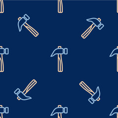 Fototapeta premium Line Hammer icon isolated seamless pattern on blue background. Tool for repair. Vector
