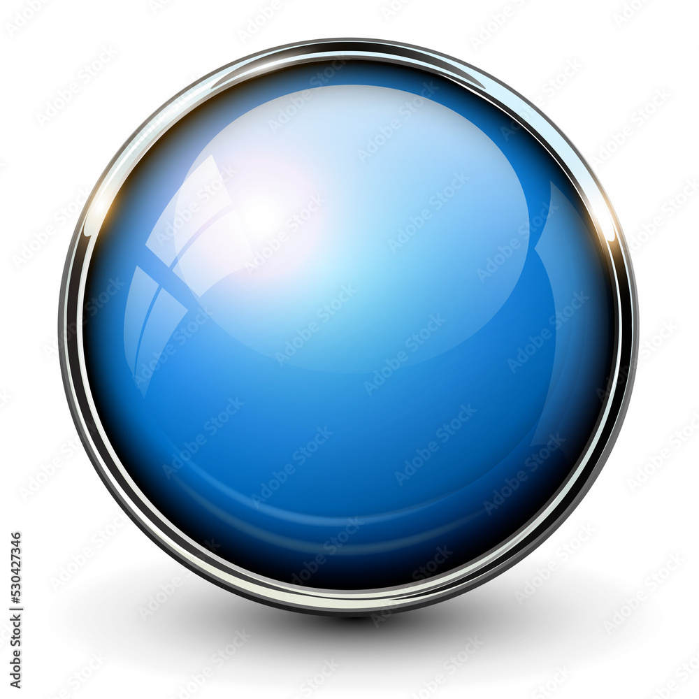 Poster Blue shiny button with metallic elements isolated.