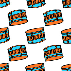 The pattern of the drum is orange and the icon is blue. seamless pattern from the drum of a musical instrument in the style of a doodle, drawn on the side with a pattern of orange and blue lines, for 