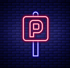 Glowing neon line Parking icon isolated on brick wall background. Street road sign. Colorful outline concept. Vector