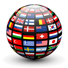 Flags of the world on a globe, 3D business icon isolated.
