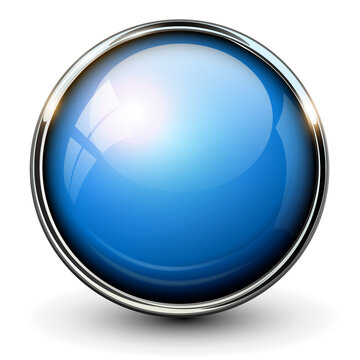 Blue shiny button with metallic elements isolated.