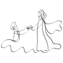 Jesus walking on water extends a helping hand to tonus Peter, abstract drawing with a single black line