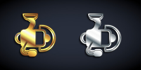 Gold and silver Spinning reel for fishing icon isolated on black background. Fishing coil. Fishing tackle. Long shadow style. Vector