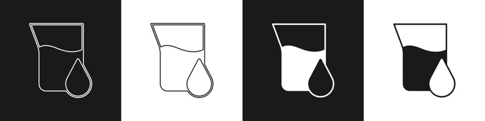 Set Oil petrol test tube icon isolated on black and white background. Cmemistry flask and falling drop. Vector