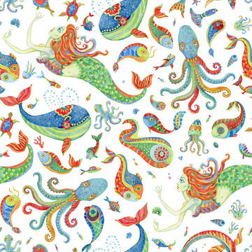 Seamless pattern from watercolor painted fairy tale sea animals and mermaid, isolated on a transparent background