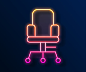 Obraz premium Glowing neon line Office chair icon isolated on black background. Vector