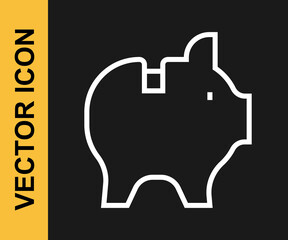 White line Piggy bank icon isolated on black background. Icon saving or accumulation of money, investment. Vector