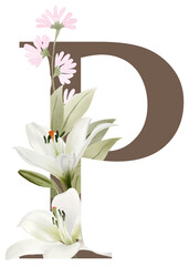 beautiful red and white flowers with greenery leaves watercolor alphabet P