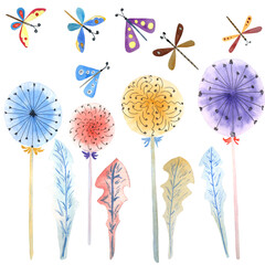 Watercolor bright dandelions, butterflies and moths on a white background. Isolates. Raster illustration works. It can be used on patterns, postcards, calendars.