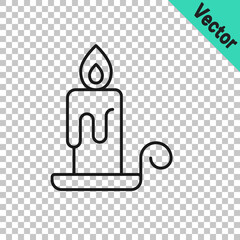 Black line Burning candle in candlestick icon isolated on transparent background. Cylindrical candle stick with burning flame. Vector