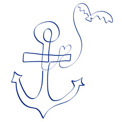anchor with a cross and a heart and a flying bird drawn by a single blue line on a white background