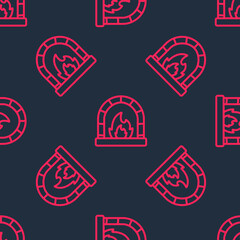 Red line Blacksmith oven icon isolated seamless pattern on black background. Vector