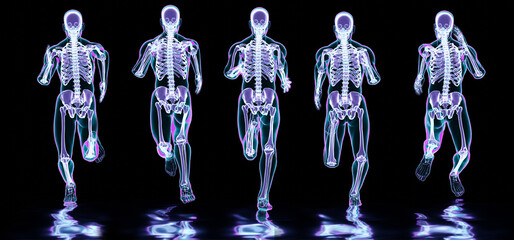 Obraz na płótnie Canvas skeleton system of running man, bone Anatomy while run, human physical and sport, joggers, running man, medically accurate, fitness, Running human body in different stages, 3d render