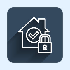 Obraz premium White line House under protection icon isolated with long shadow background. Home and lock. Protection, safety, security, protect, defense concept. Blue square button. Vector