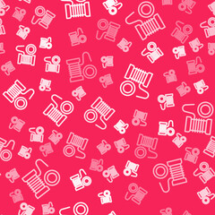 White line Spinning reel for fishing icon isolated seamless pattern on red background. Fishing coil. Fishing tackle. Vector