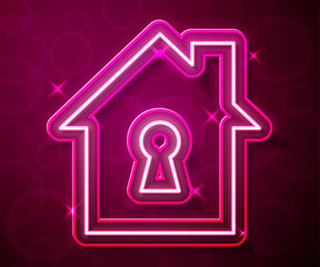 Glowing neon line House under protection icon isolated on red background. Home and shield. Protection, safety, security, protect, defense concept. Vector