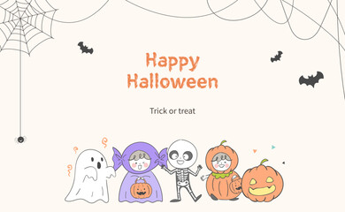 할로윈데이 코스튬 캐릭터들과 거미줄이 걸린 일러스트