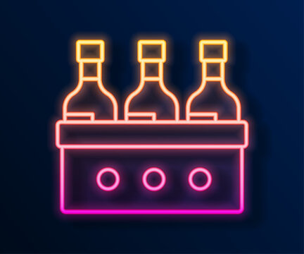 Glowing neon line Bottles of wine in a wooden box icon isolated on black background. Wine bottles in a wooden crate icon. Vector