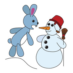 The bunny bites off the snowman's carrot nose. Cute childish art in cartoon style. Vector illustration isolated on white background.