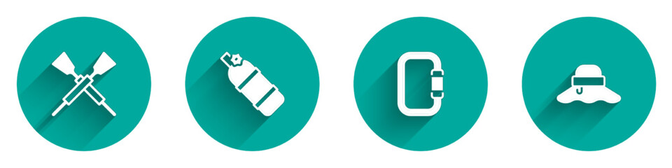 Set Crossed oars or paddles boat, Aqualung, Carabiner and Fisherman hat icon with long shadow. Vector