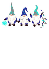 Three Christmas gnomes with snowflake and lights clipart svg. Blue, dark blue