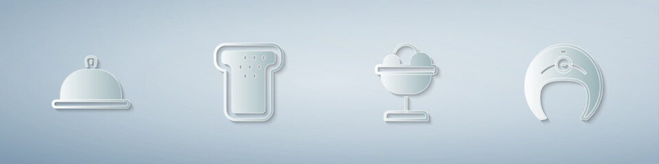 Set Covered with tray of food, Bread toast, Ice cream in the bowl and Fish steak. Paper art style. Vector