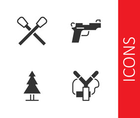 Set Slingshot, Burning match with fire, Tree and Pistol or gun icon. Vector