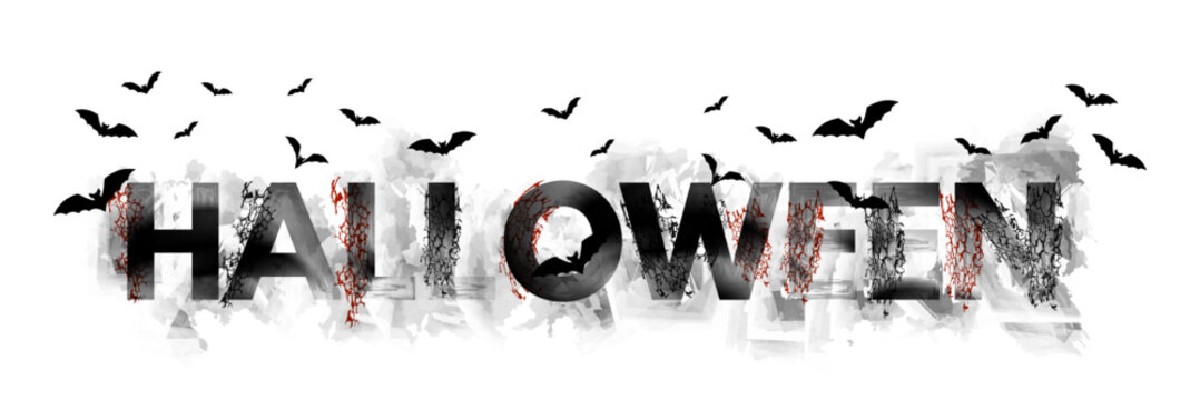 Happy Halloween vector lettering with Bat swarm. Mysterious gloomy letters