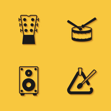 Set Guitar neck, Triangle musical instrument, Stereo speaker and Drum with drum sticks icon with long shadow. Vector