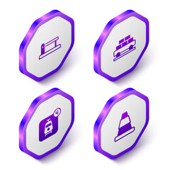 Set Isometric Railway barrier, Cargo train wagon, Online ticket booking and Traffic cone icon. Purple hexagon button. Vector