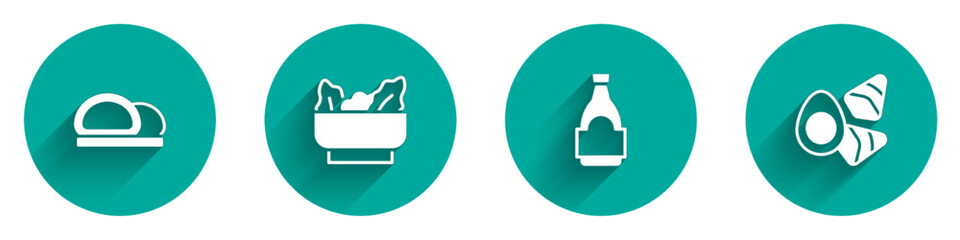 Set Sushi, Wonton, Soy sauce bottle and Chicken egg with vegerables icon with long shadow. Vector