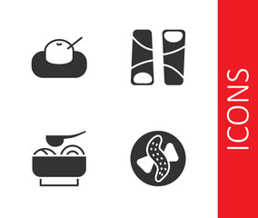Set Served cucumber on a plate, Mochi, Ramen soup bowl and Guotie icon. Vector