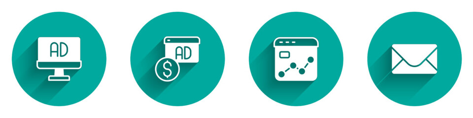 Set Advertising, Market analysis and Mail and e-mail icon with long shadow. Vector