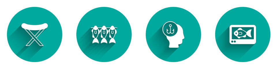 Set Camping folding chair, Dried fish, Fisherman and finder echo sounder icon with long shadow. Vector