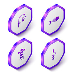 Set Isometric Fishing rod and fish, skeleton, Lighthouse and Hand ice drill icon. Purple hexagon button. Vector