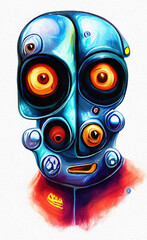 Oil painting in cartoon style robot head isolated on white background. Cyborg portrait hand drawn. Creative sci-fi design print for canvas, paper, textile, banner, shirt. Digital drawing android face