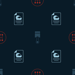 Set Gear shifter, Engine piston and Racing helmet on seamless pattern. Vector