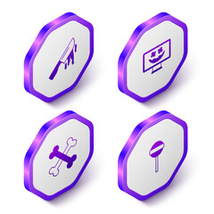 Set Isometric Bloody knife, Happy Halloween holiday, Crossed bones and Lollipop icon. Purple hexagon button. Vector