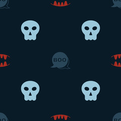 Set Vampire teeth, Boo speech bubble and Skull on seamless pattern. Vector