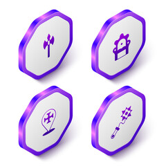 Set Isometric Medieval axe, throne, Crusade and Mace with spikes icon. Purple hexagon button. Vector
